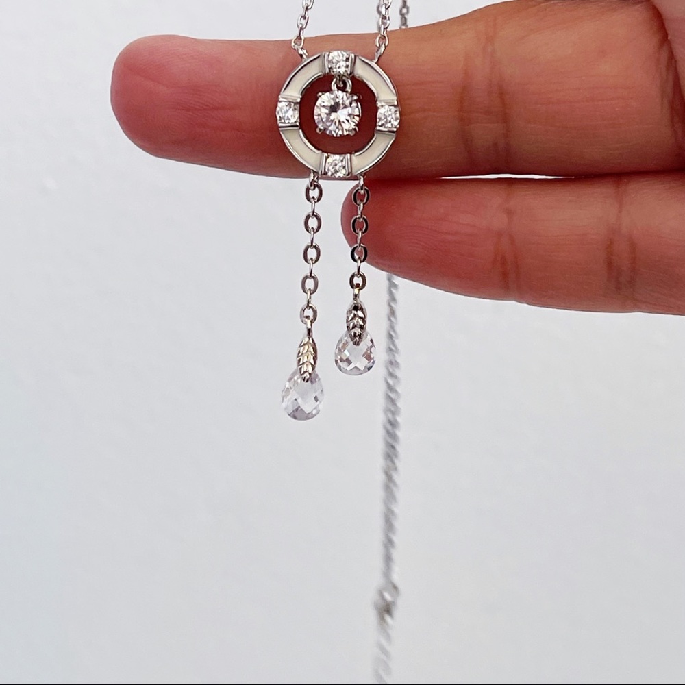 Silver Tone April Faux Diamond White Enamel Pendant Sparkly Girls Necklace NWOT